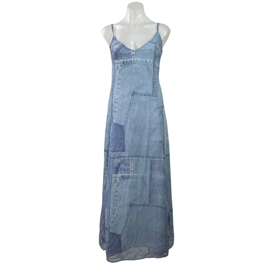 ASOS Design Womens Blue Sleeveless Denim Patchwork Camisole A-line Maxi Dress 4